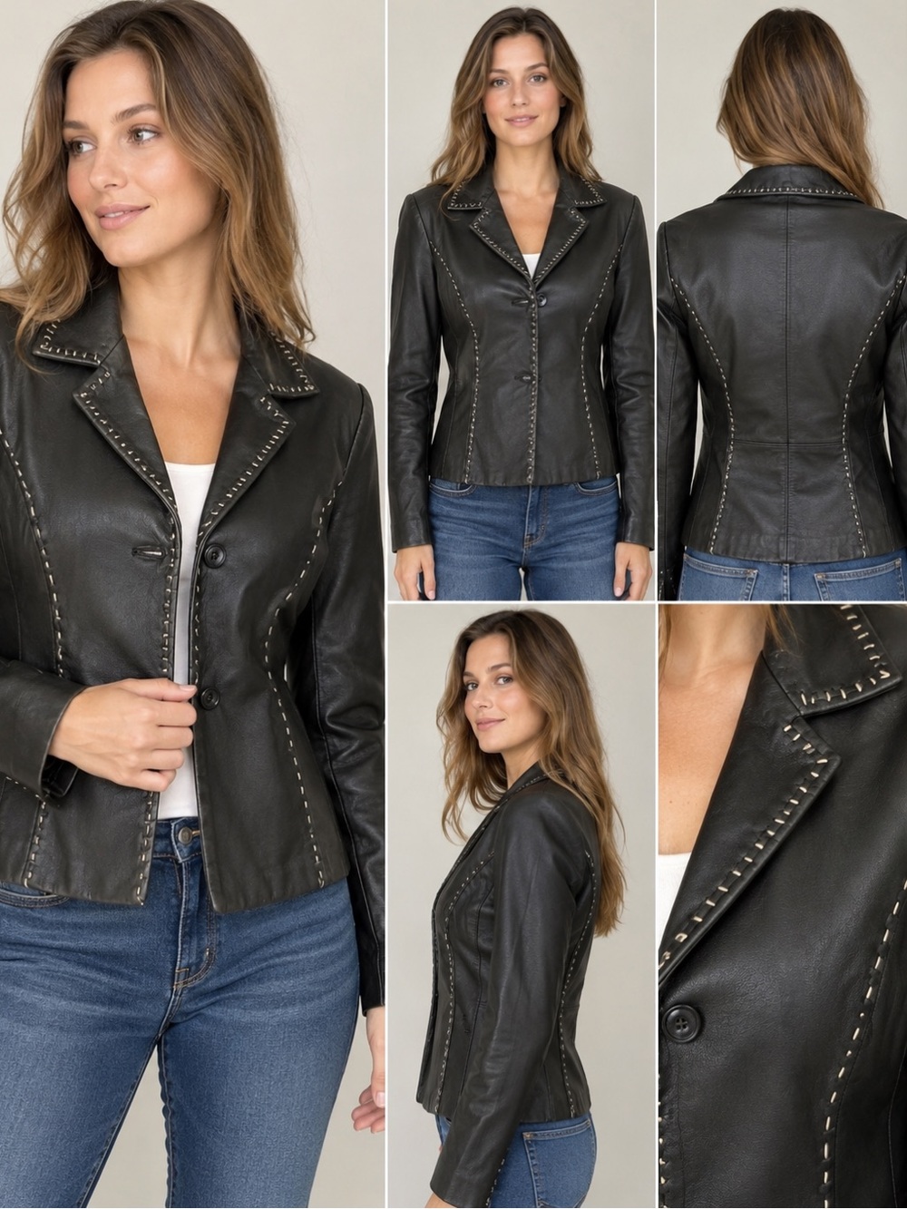 Style & Co Vintage Black Genuine Leather Whip Stitch Jacket Petite